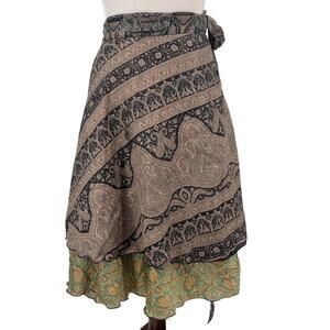 Silk Blend Ethnic Reversible Wrap Skirt OS Festival Hippie Patchwork Boho Y2K